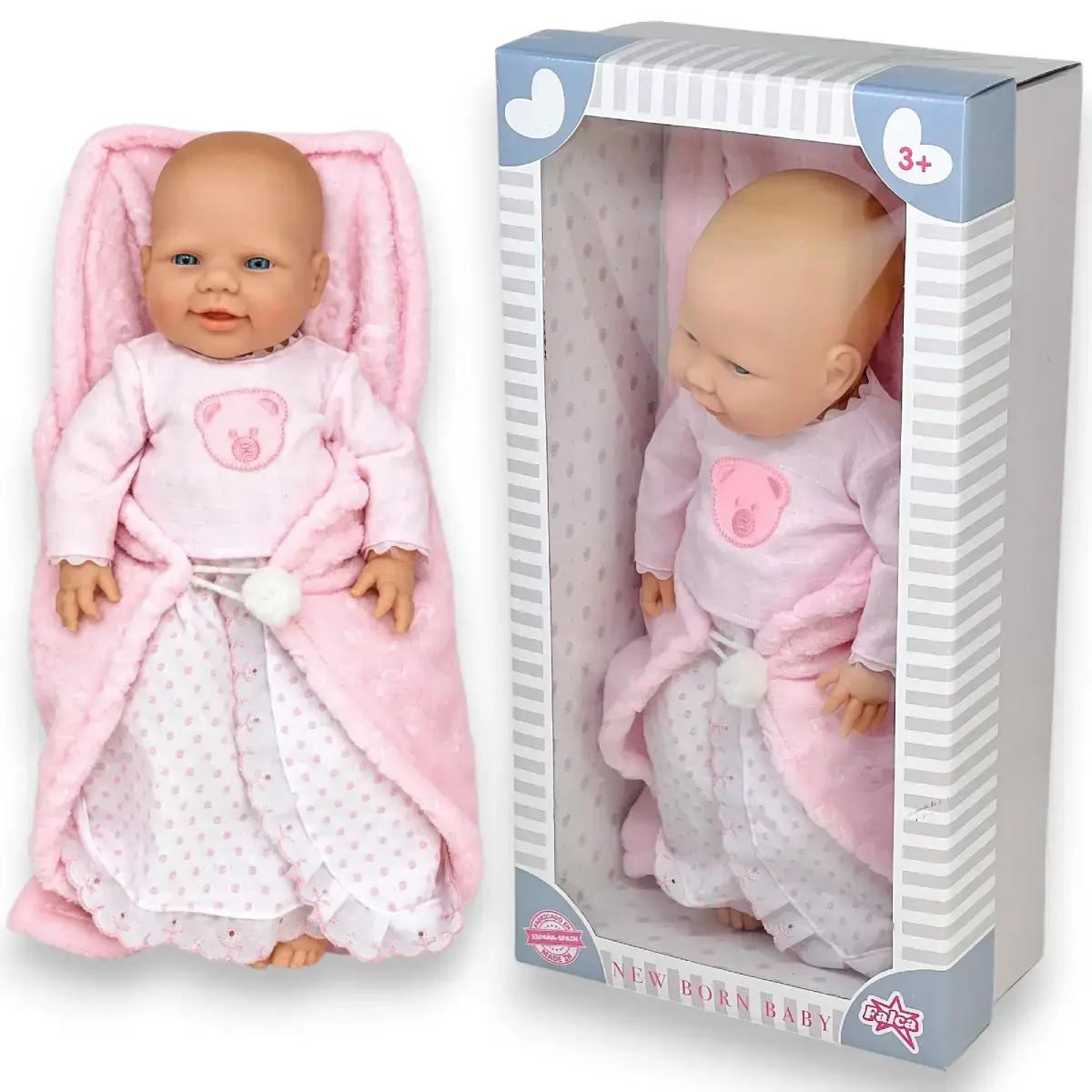 Bambolotto in piedi femmina rosa accanto alla sua confezione originale chiusa, vista d'insieme frontale
