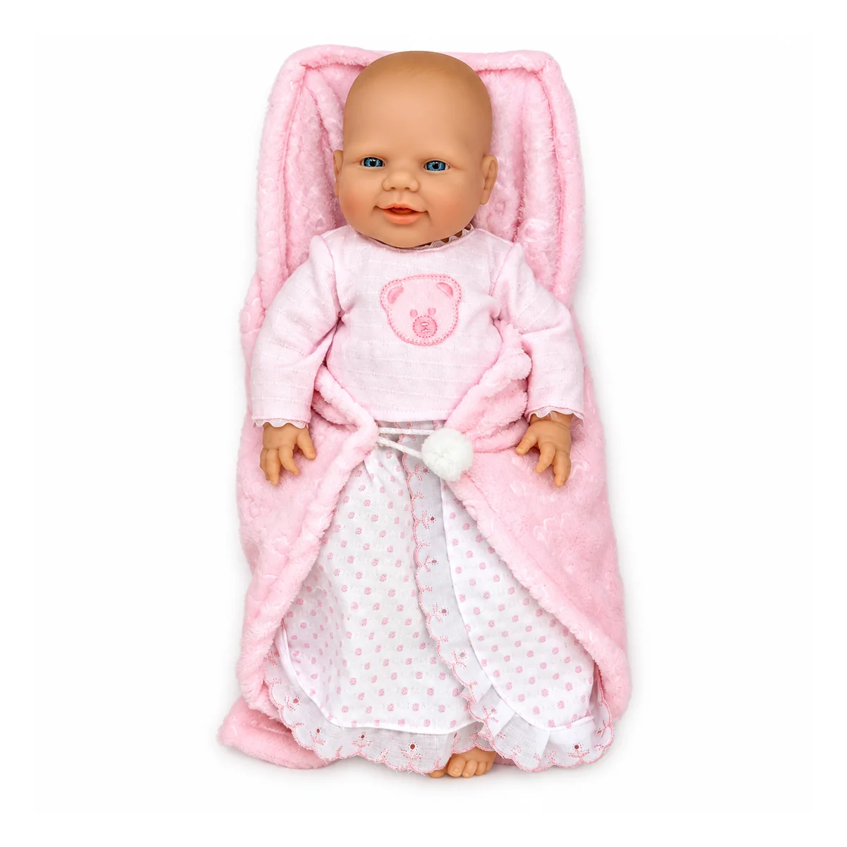 Bambola neonato Falca da 40 cm con copertina rosa e pigiamino, vista frontale su sfondo bianco