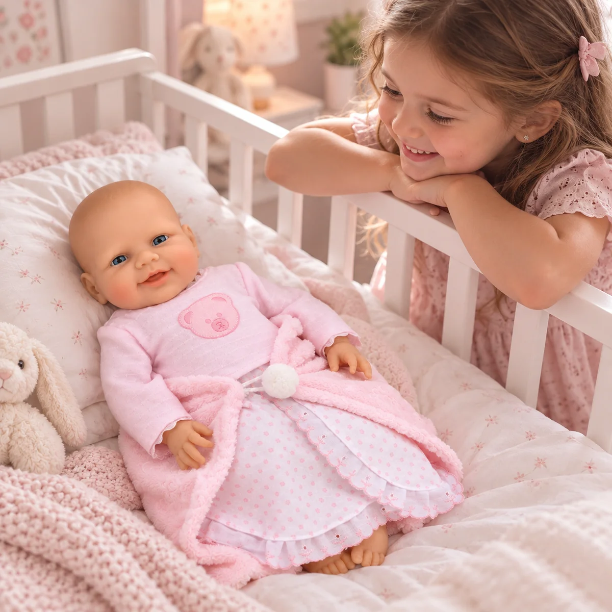 Bambolotto disteso in un lettino bianco, bambina lo osserva sorridendo in una cameretta rosa