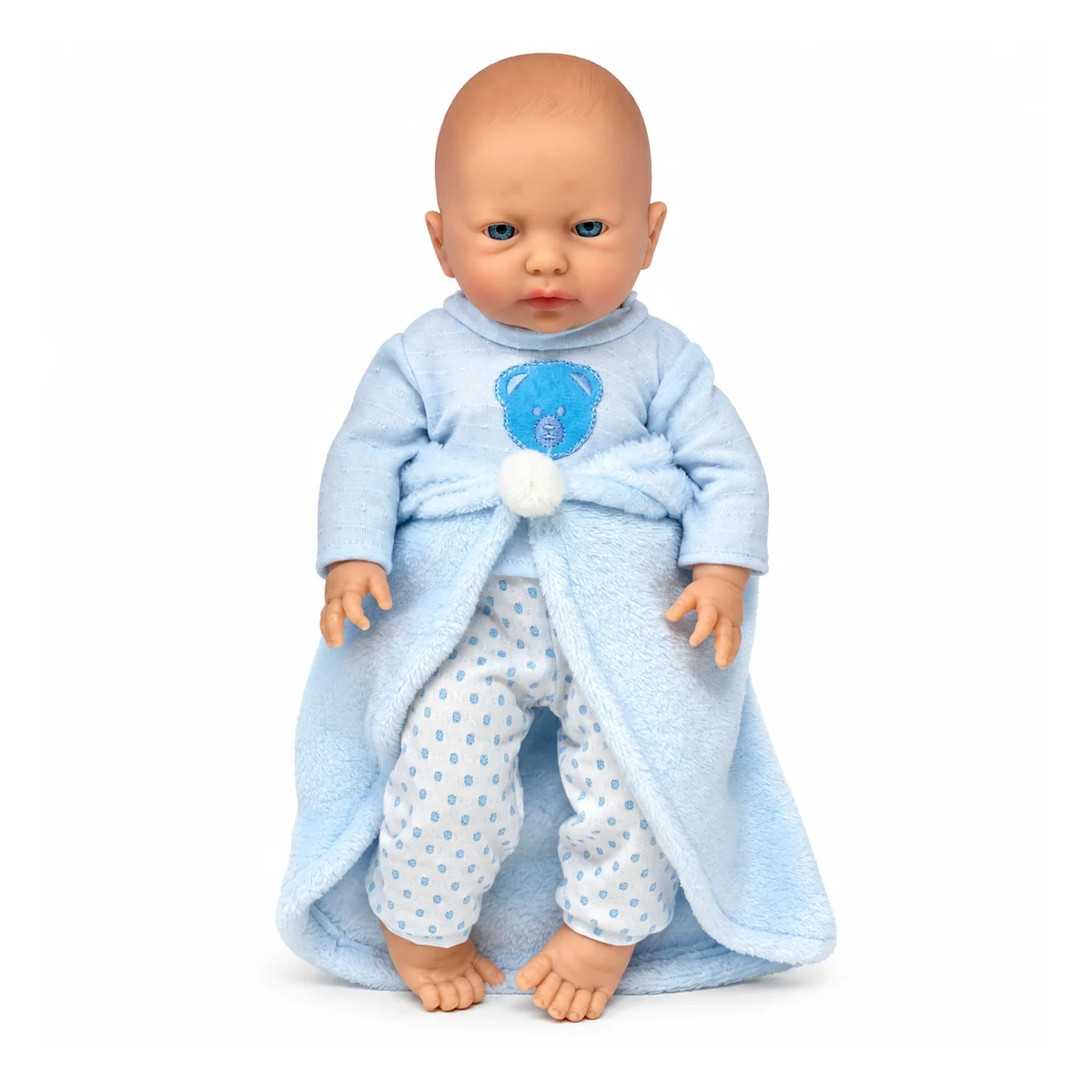 Bambola neonato Jesmar 40 cm vista di fronte, pigiamino e copertina azzurra con applicazione a orsetto