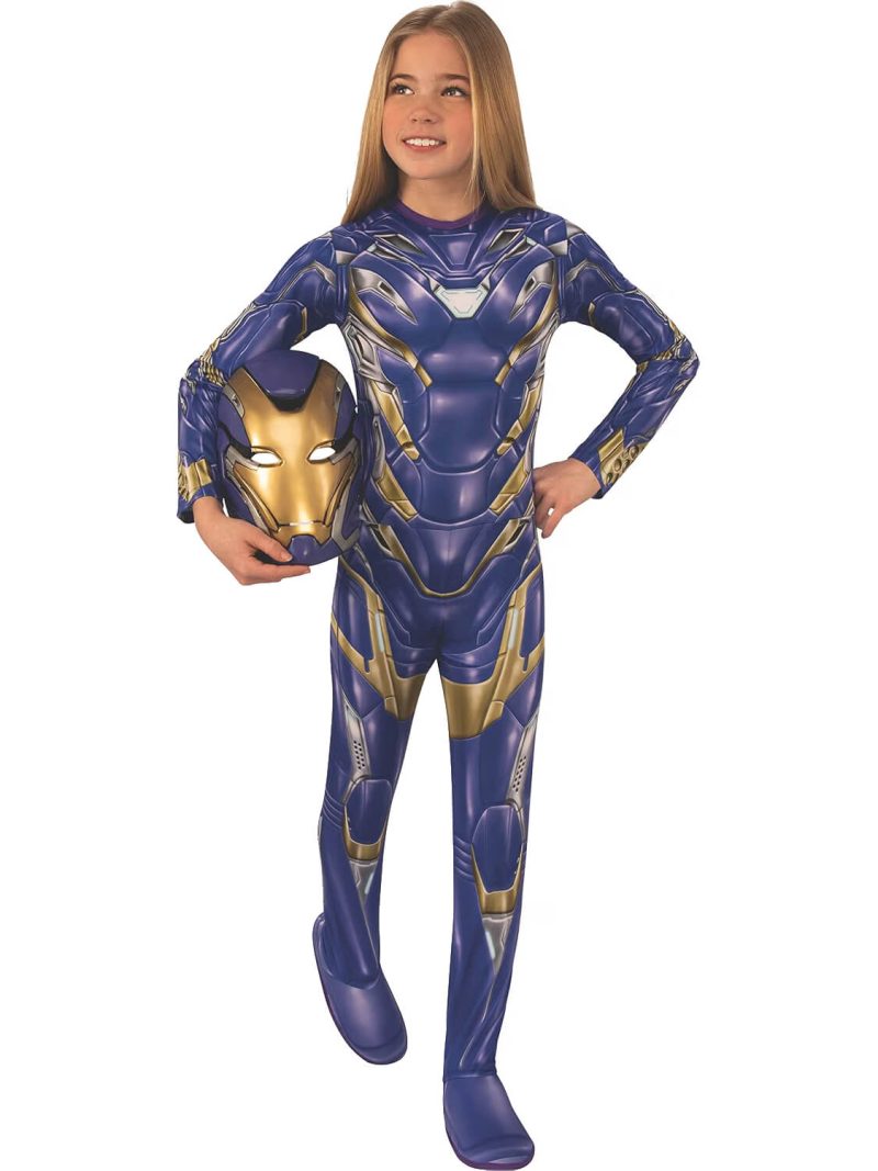 Costume Rescue Avengers bambina indossato a figura intera, tuta blu-viola con dettagli dorati e maschera sotto il braccio
