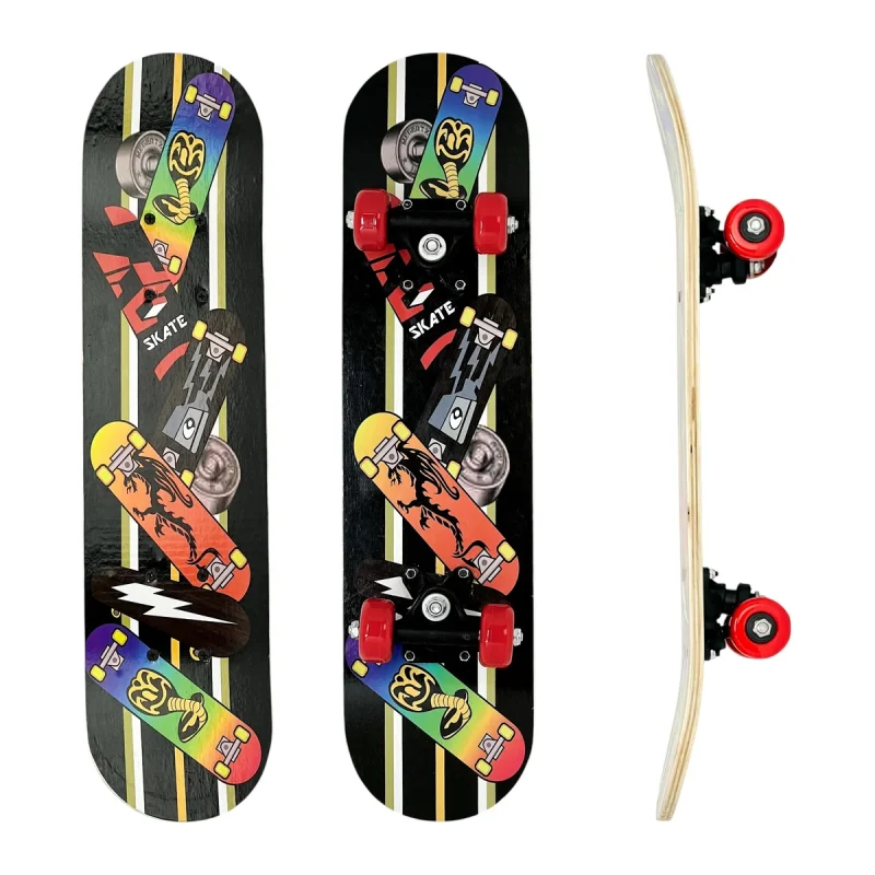 Skateboard in legno mostrato da tre angolazioni: dall'alto, con le ruote e di profilo