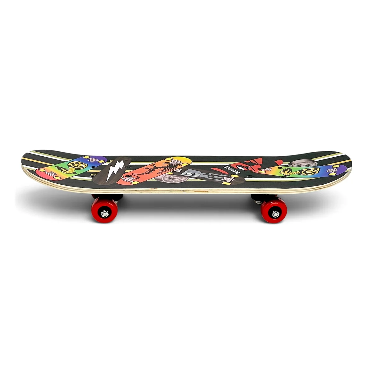 Skateboard in legno visto dall'alto in orizzontale, ruote rosse visibili a entrambe le estremità