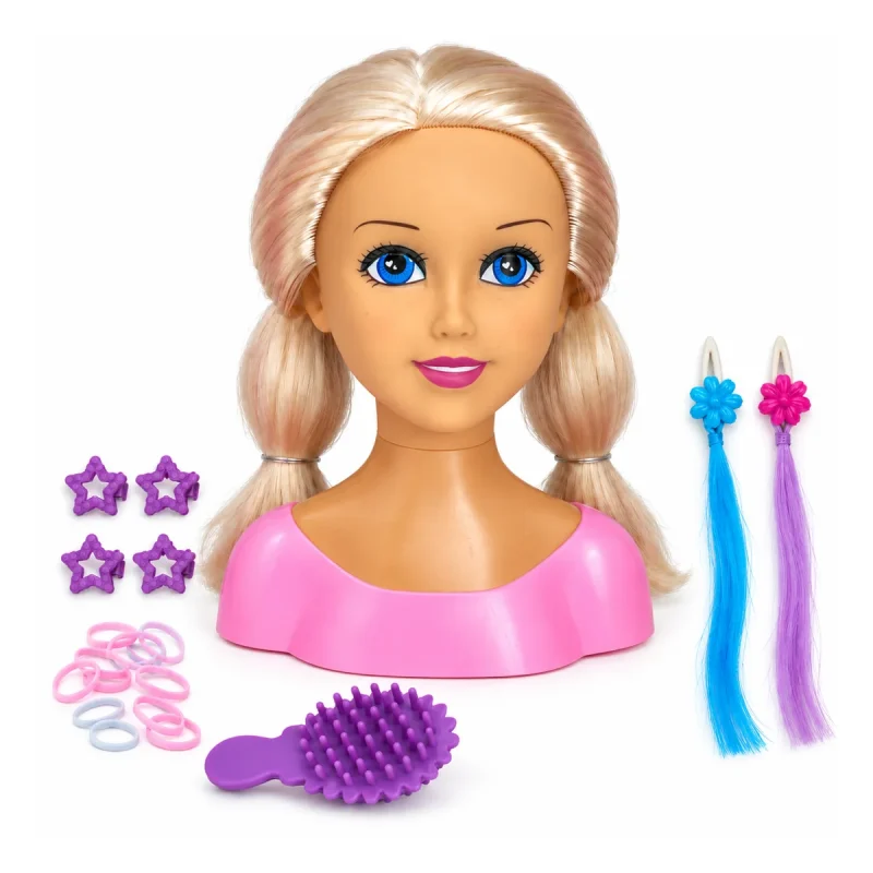 Testa pettinabile Beauty Glam con capelli biondi a codini, spazzola viola, mollette a stella, elastici e ciocche colorate