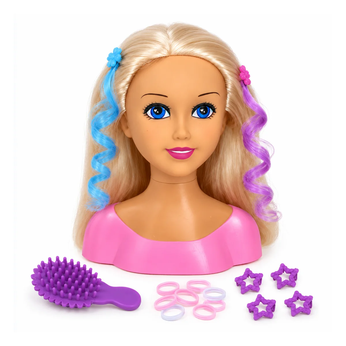 Testa di fronte con capelli biondi sciolti, ciocche azzurra e lilla agganciate, spazzola, elastici e mollette
