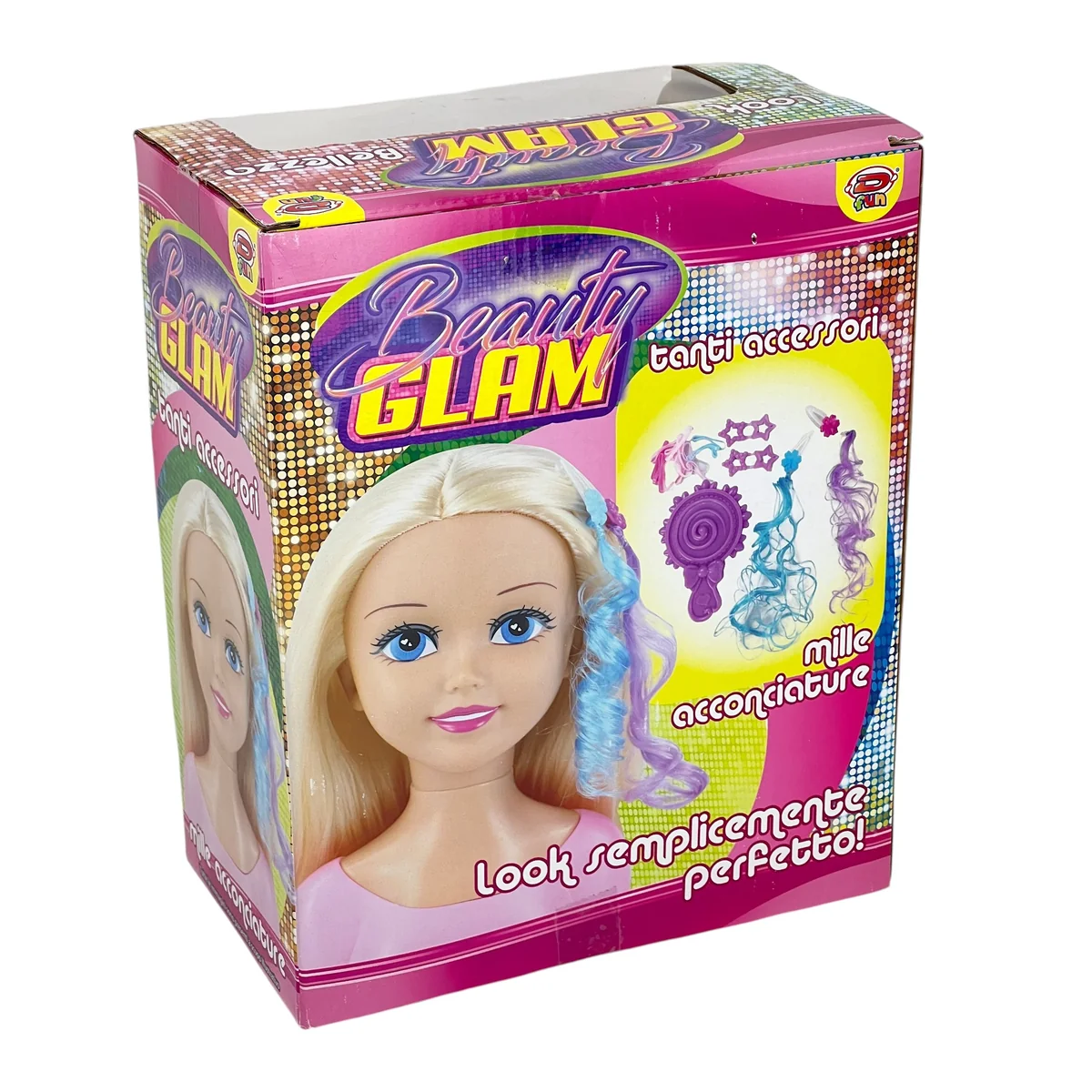 Confezione Beauty Glam di tre quarti con il disegno degli accessori e la scritta mille acconciature