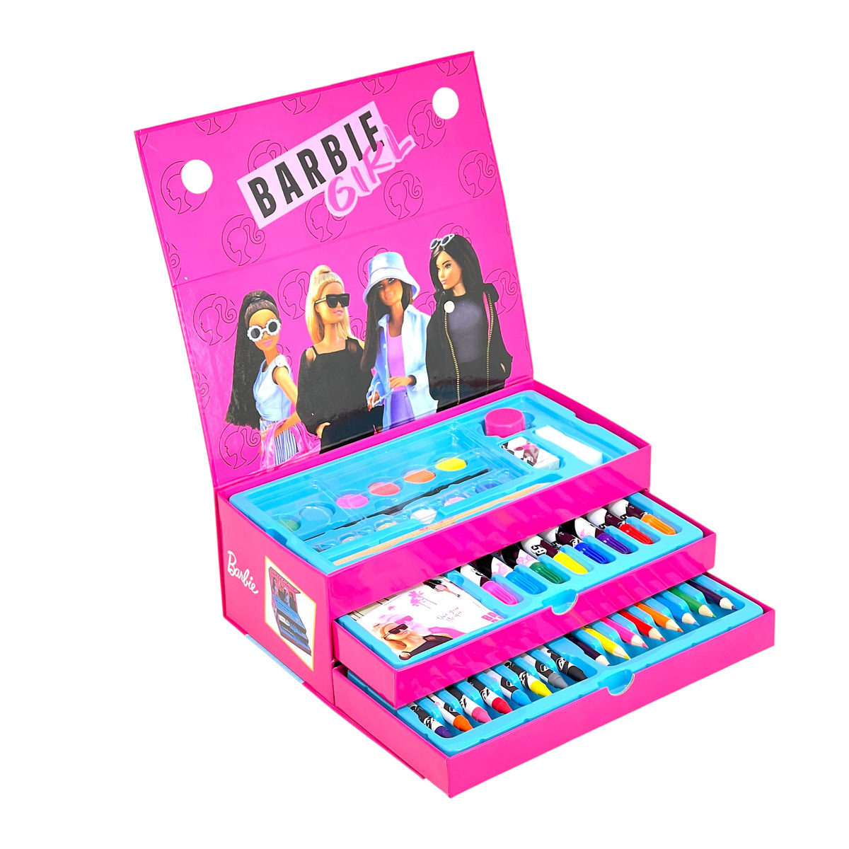 Valigetta colori Barbie aperta di tre quarti, coperchio rosa con quattro bambole e tre cassetti estraibili