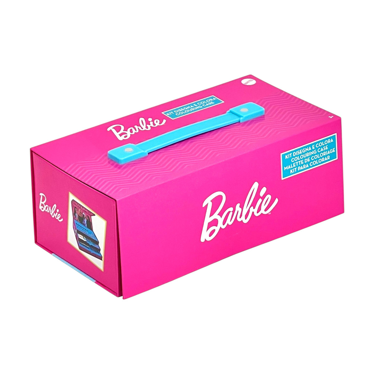 Confezione chiusa rosa fucsia con maniglia azzurra e logo Barbie, scritta Kit disegna e colora
