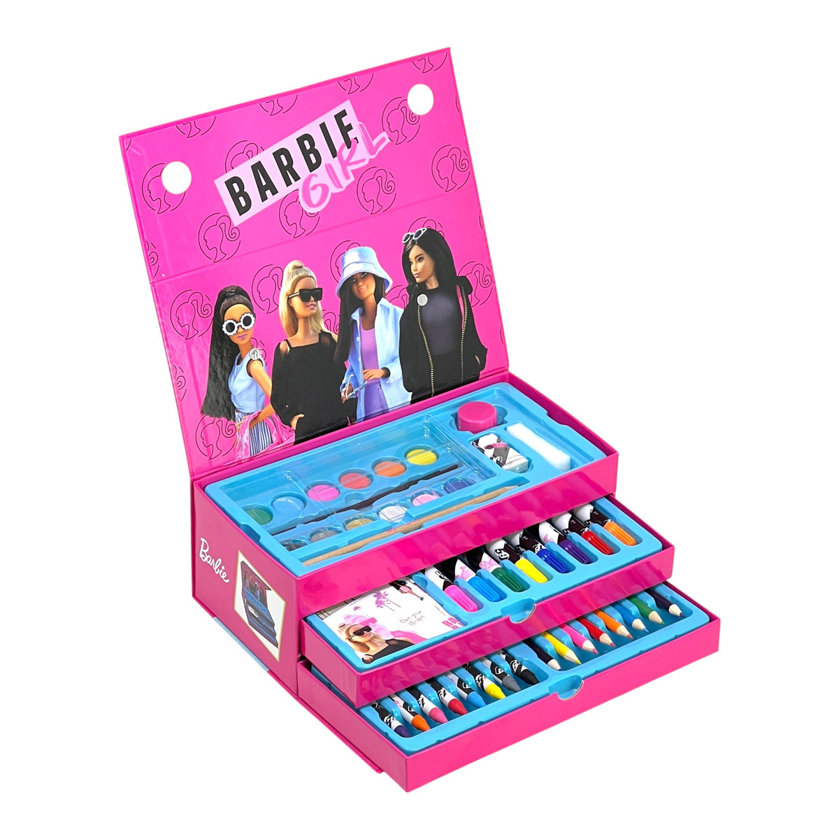 Valigetta aperta vista dall'alto, coperchio con la scritta Barbie Girl e i tre cassetti sfalsati