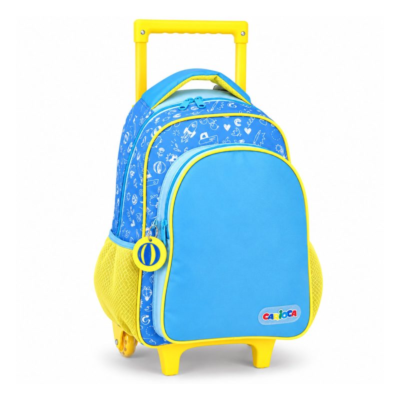 Zaino trolley asilo Carioca Doodle di tre quarti, azzurro con disegni bianchi e maniglia telescopica gialla estratta