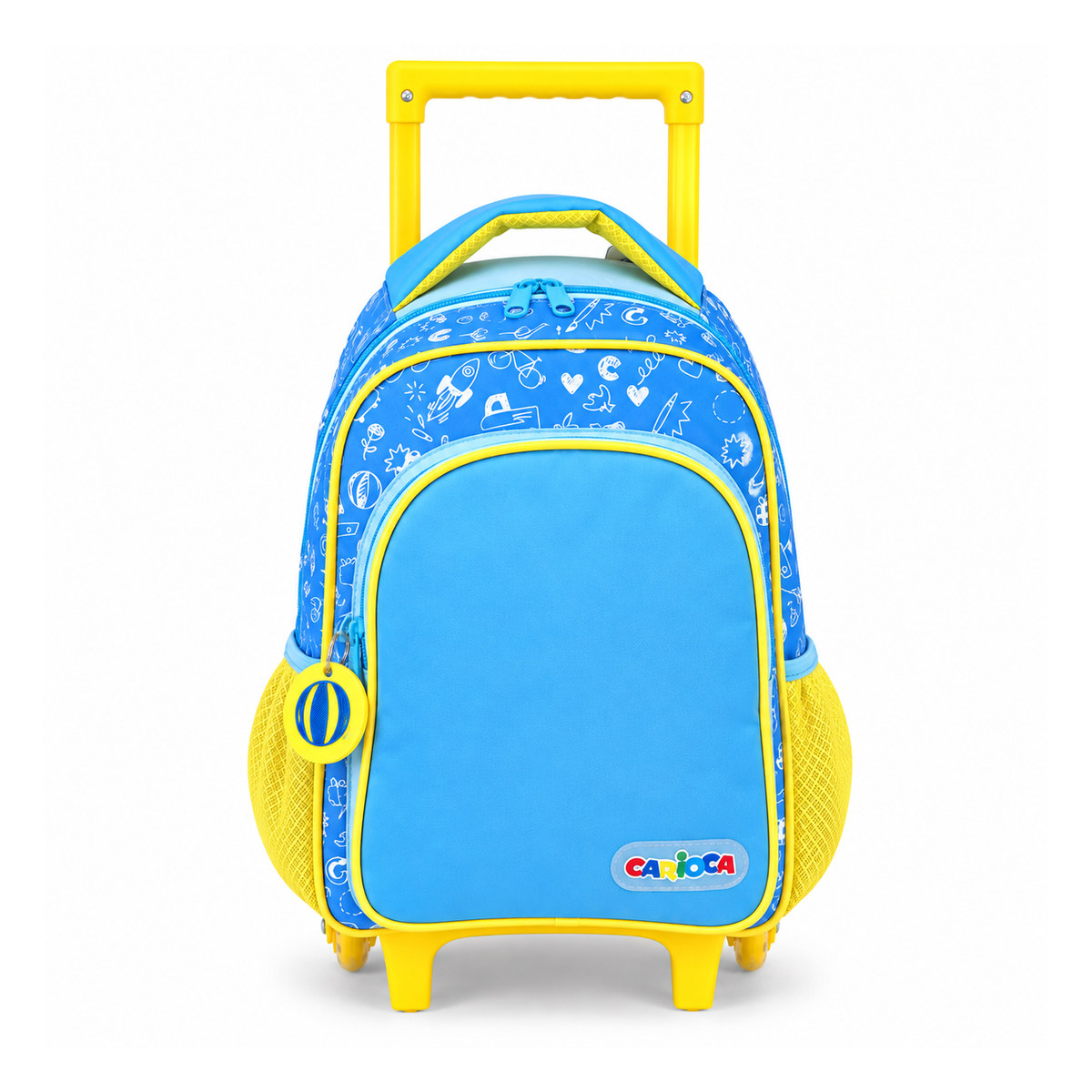 Zaino trolley Carioca visto di fronte, tasca frontale azzurra con logo e tasche laterali in rete gialla