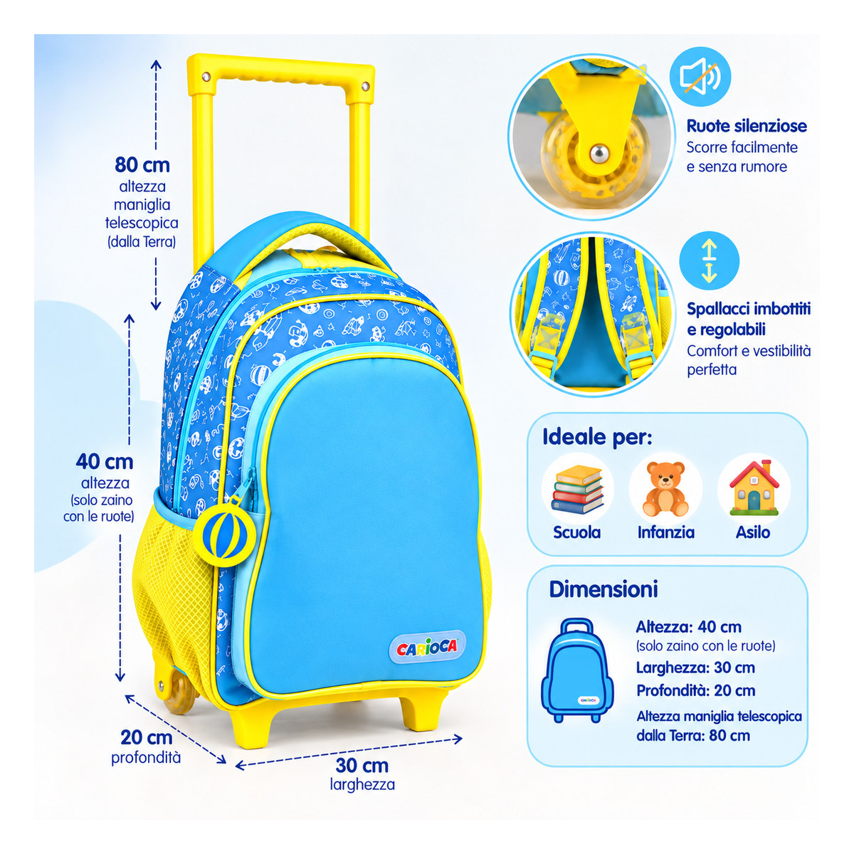 Infografica su fondo azzurro con altezza 40 cm, maniglia telescopica 80 cm, dettaglio della ruota e degli spallacci