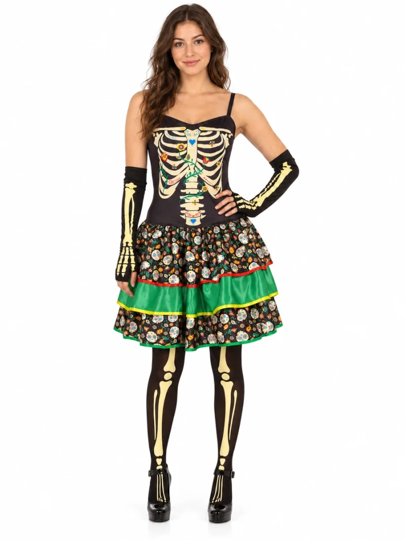 Donna con costume Catrina Elegante visto di fronte: abito con ossa e fiori, gonna a teschi, collant e guanti scheletrici.