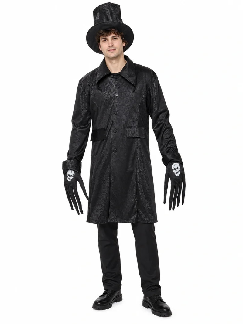 Uomo con costume Halloween Teschio Mani Giganti Rubie's s8856 visto di fronte, con giacca nera, cappello a cilindro e guanti dalle dita lunghe.