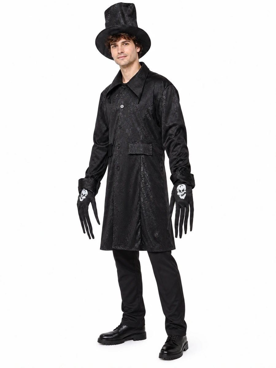 Vista a tre quarti del costume Halloween Teschio Mani Giganti Rubie's s8856 da uomo, con giacca, cilindro e guanti scheletrici.