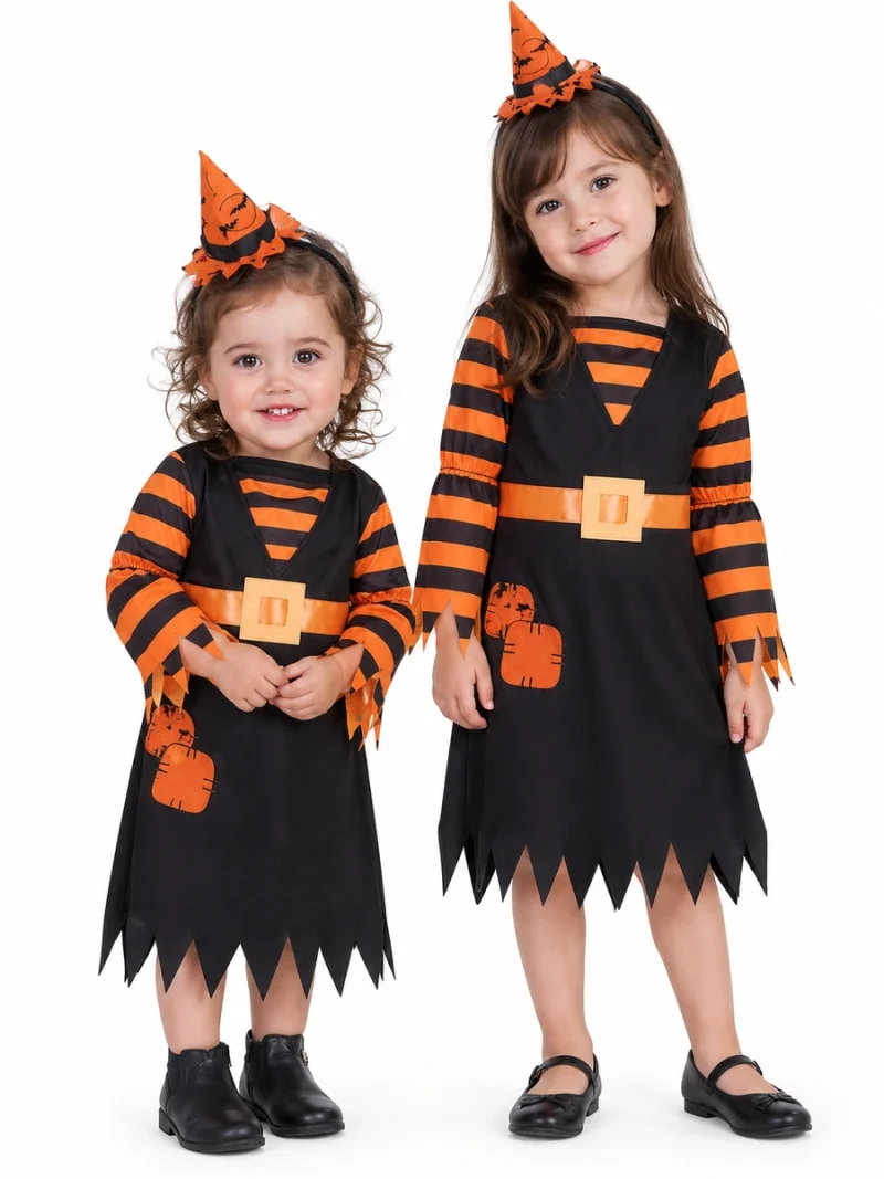Due bambine con costume da strega Witchy Patch nero e arancione, mini cappello, maniche a righe e orlo a punte.