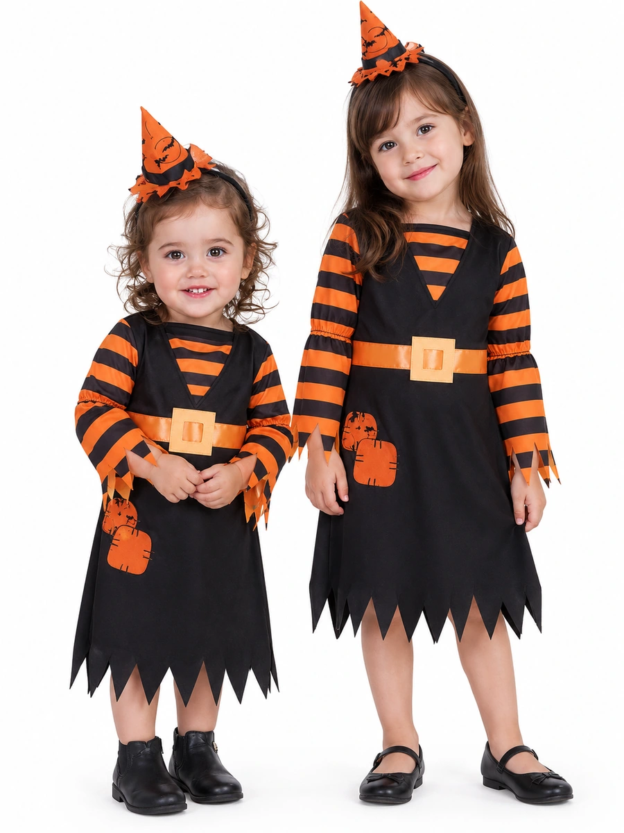 Due bambine con costume da strega Witchy Patch nero e arancione, mini cappello, maniche a righe e orlo a punte.