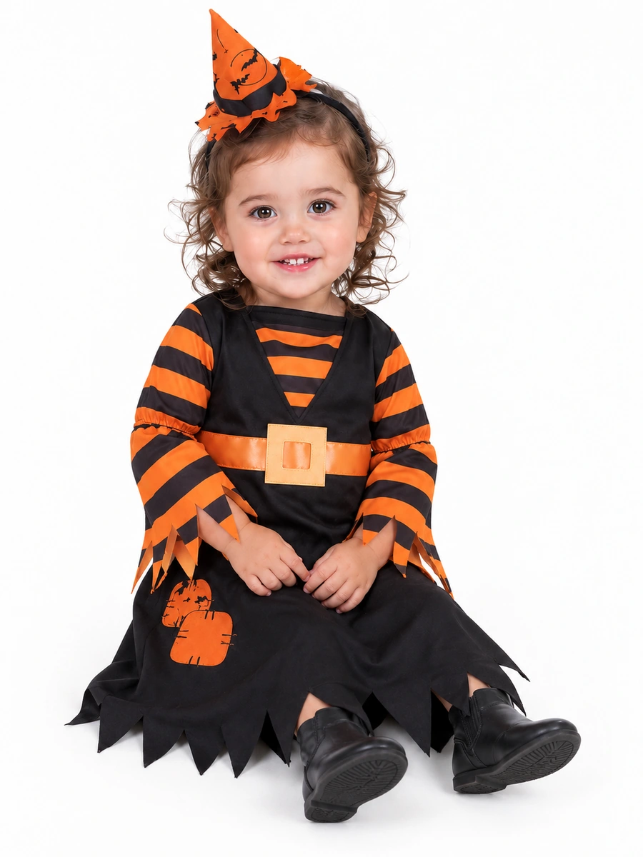 Bambina toddler seduta con vestito da strega nero e arancione, cintura con fibbia, patch a forma di zucca e mini cappello.