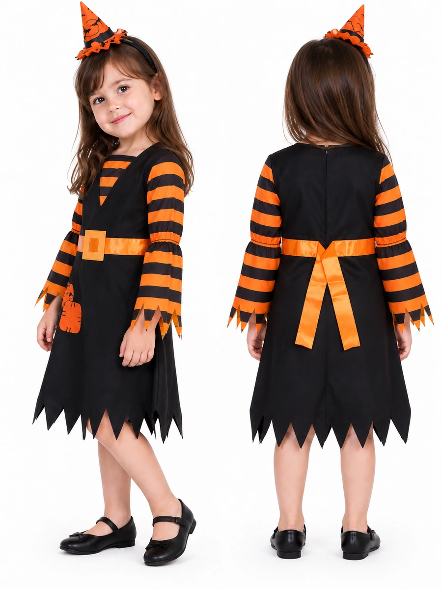 Costume da strega Witchy Patch indossato da una bambina, visto di lato e da dietro con fascia arancione annodata.
