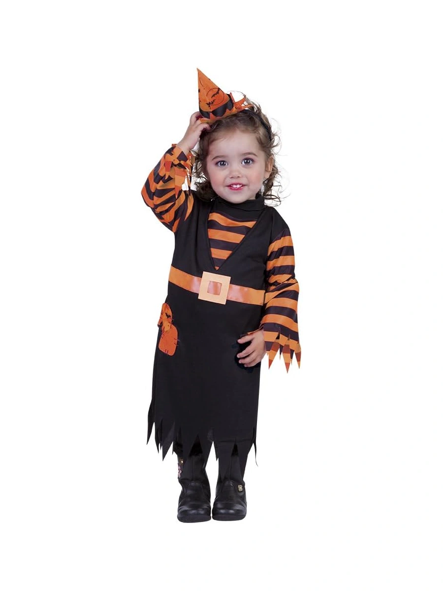 Foto originale del produttore con bambina toddler che indossa il vestito da strega Witchy Patch e il mini cappello.