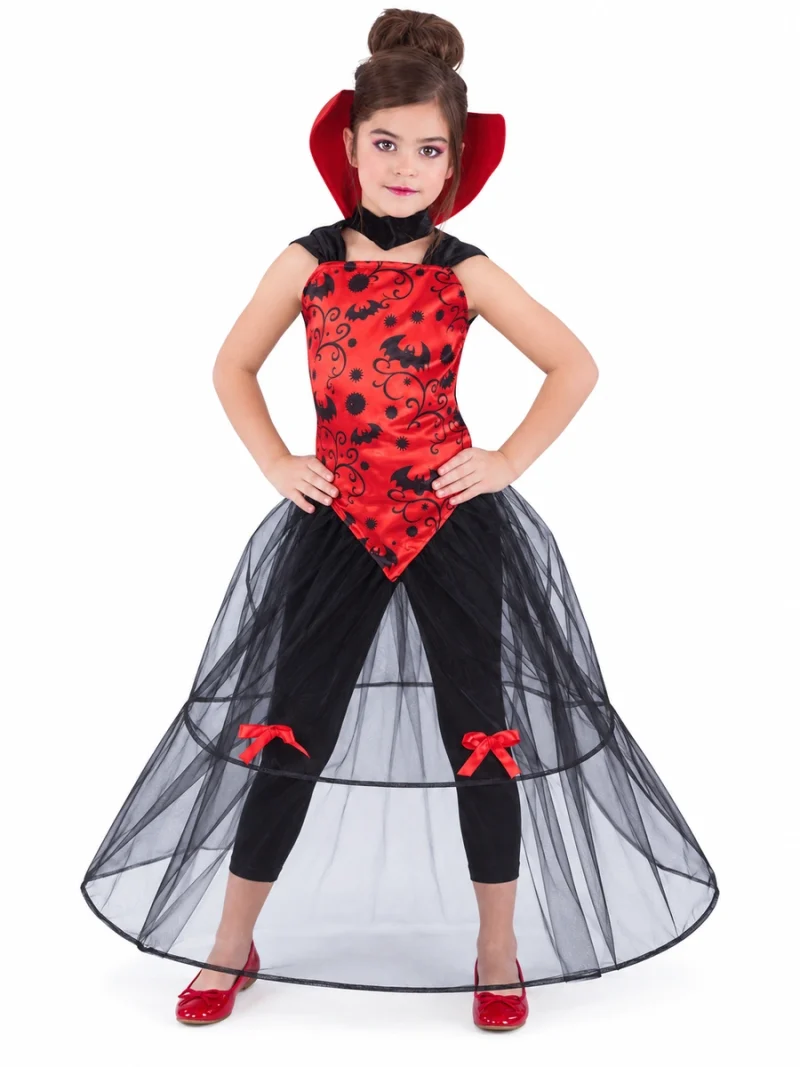 Costume da vampira per bambina, vista frontale: corpetto rosso stampato, collo alto e ampia gonna trasparente nera.