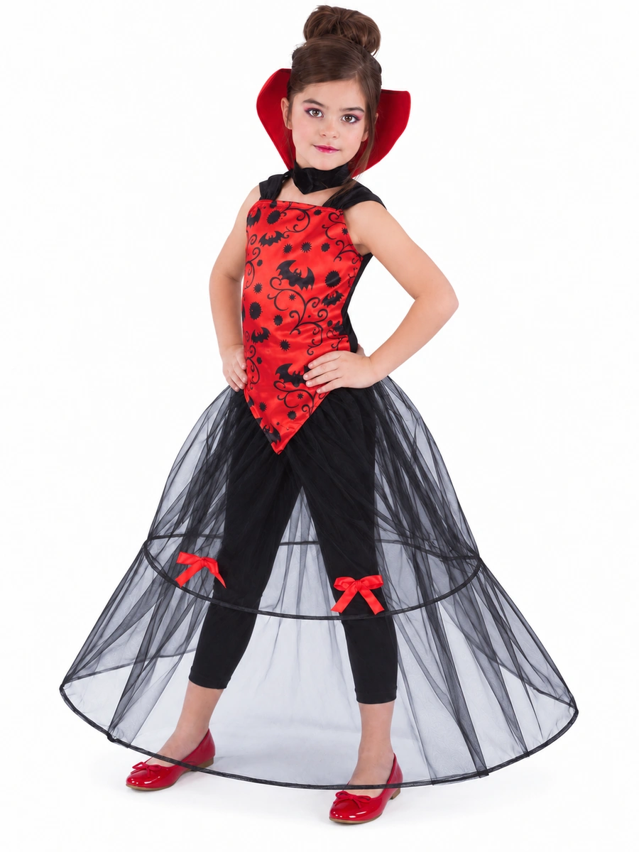 Costume da vampira per bambina, vista tre quarti: corpetto rosso stampato, collo alto e ampia gonna trasparente nera.