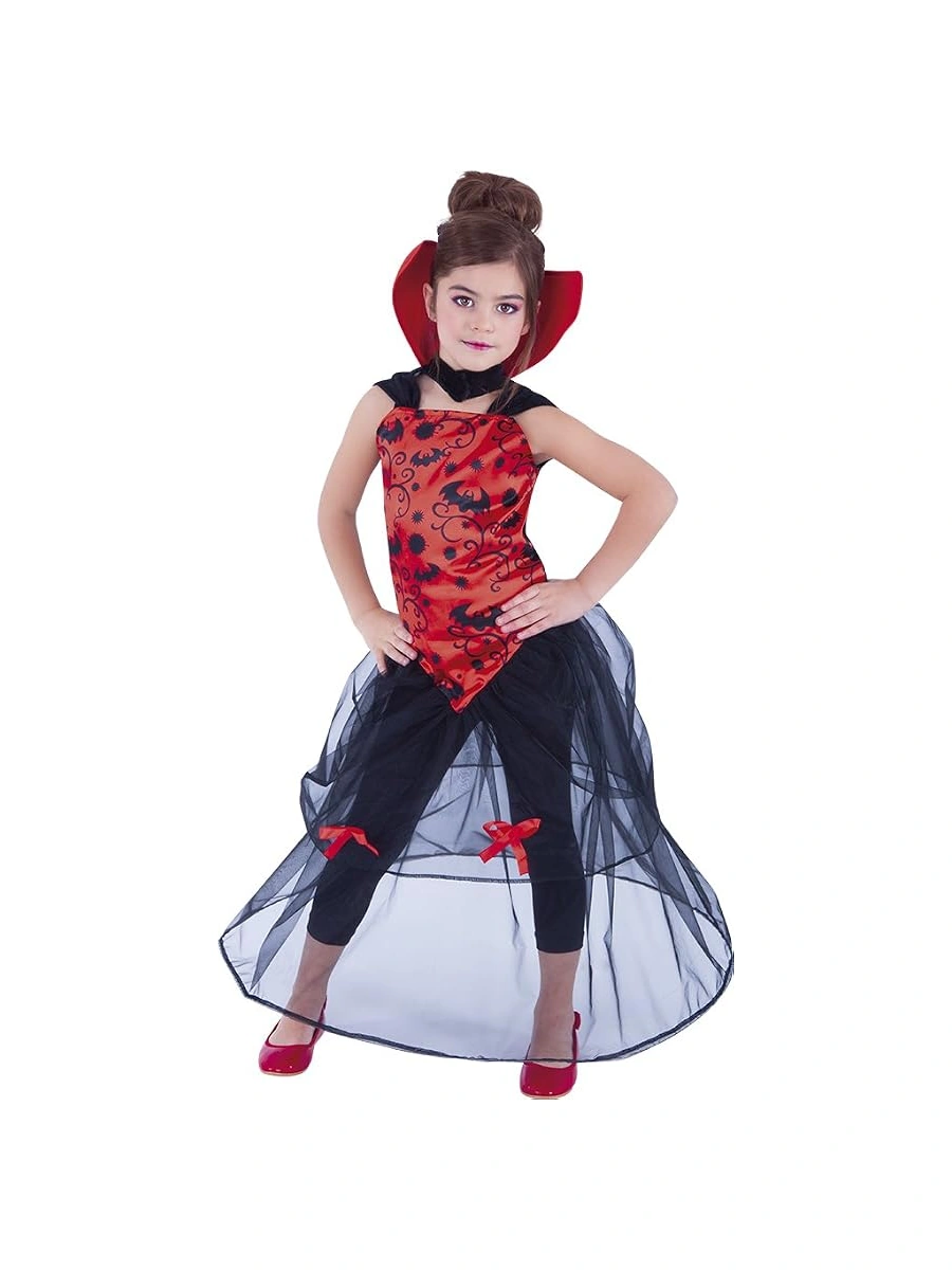 Costume da vampira per bambina, vista originale: corpetto rosso stampato, collo alto e ampia gonna trasparente nera.