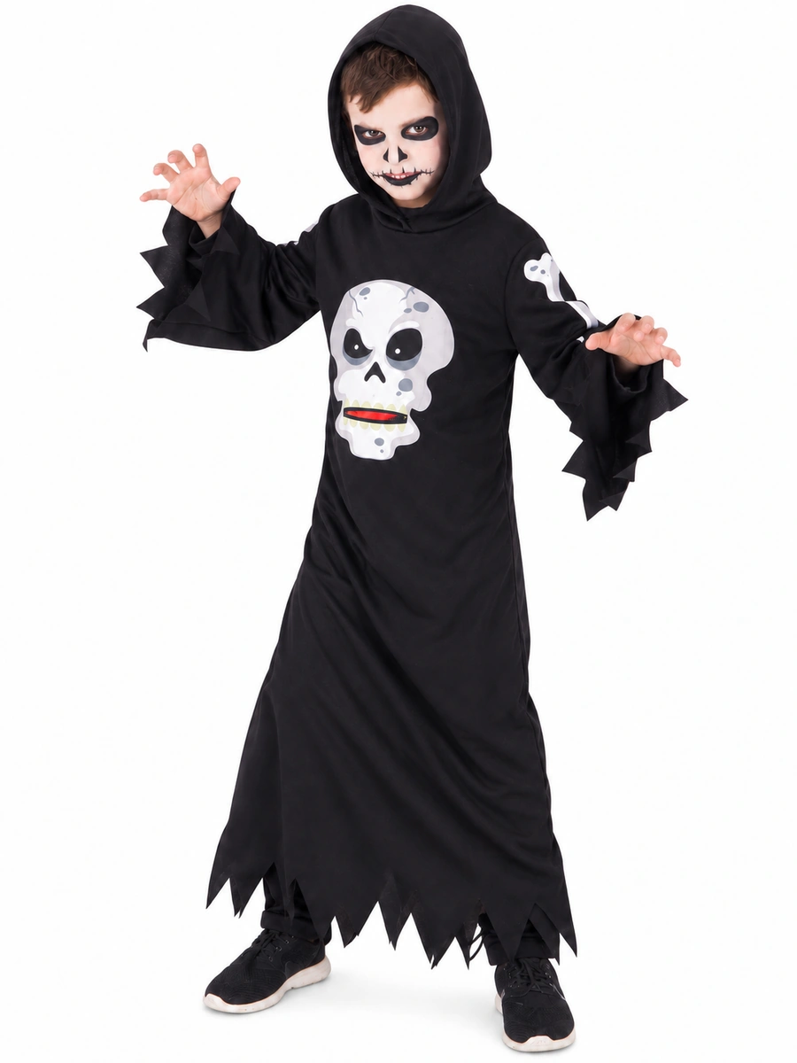 Costume da teschio per bambino visto di tre quarti, con tunica lunga e maniche frastagliate.