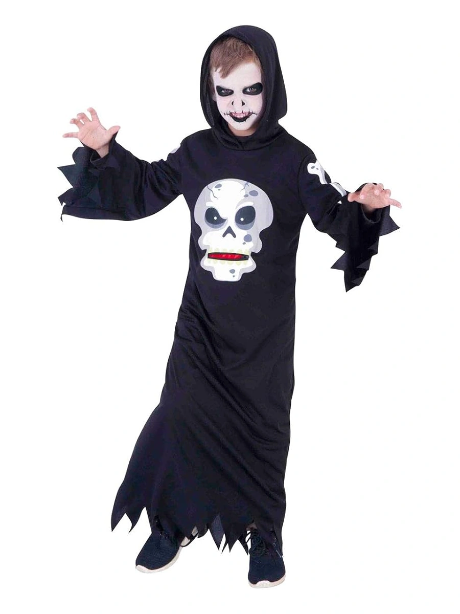 Foto originale del costume da teschio con cappuccio, stampa frontale e orlo frastagliato.