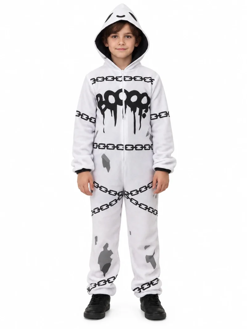 Costume da fantasma per bambini, frontale: tuta bianca con cappuccio, stampa nera e grigia, catene e zip centrale.
