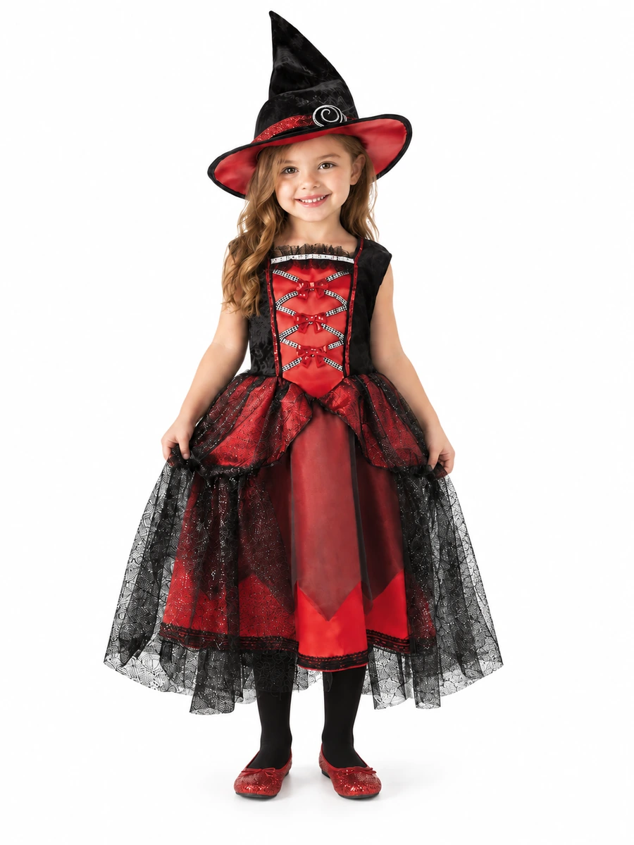 Costume da strega rossa e nera per bambina con cappello, corpetto intrecciato e gonna con velo nero; modella della taglia Small vista frontalmente.