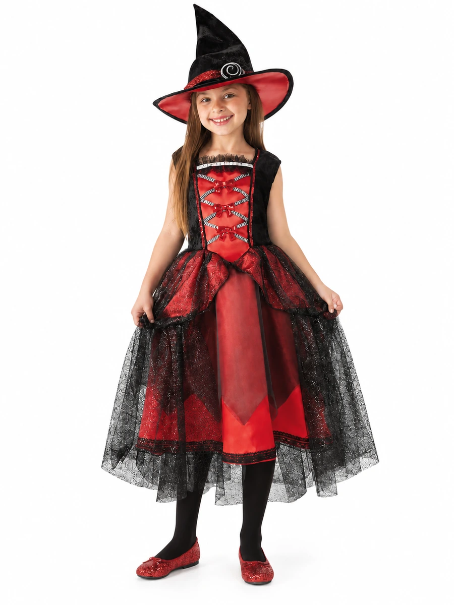 Costume da strega rossa e nera per bambina con cappello, corpetto intrecciato e gonna con velo nero; modella della taglia Large vista frontalmente.
