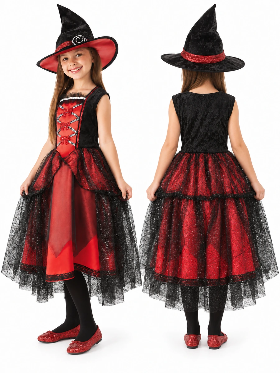 Costume da strega rossa e nera per bambina con cappello, corpetto intrecciato e gonna con velo nero; modella della taglia Large vista di lato e da dietro.