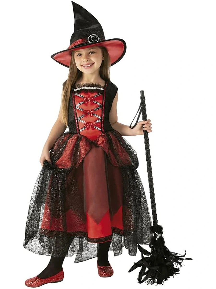 Costume da strega rossa e nera per bambina con cappello, corpetto intrecciato e gonna con velo nero; fotografia originale del produttore.