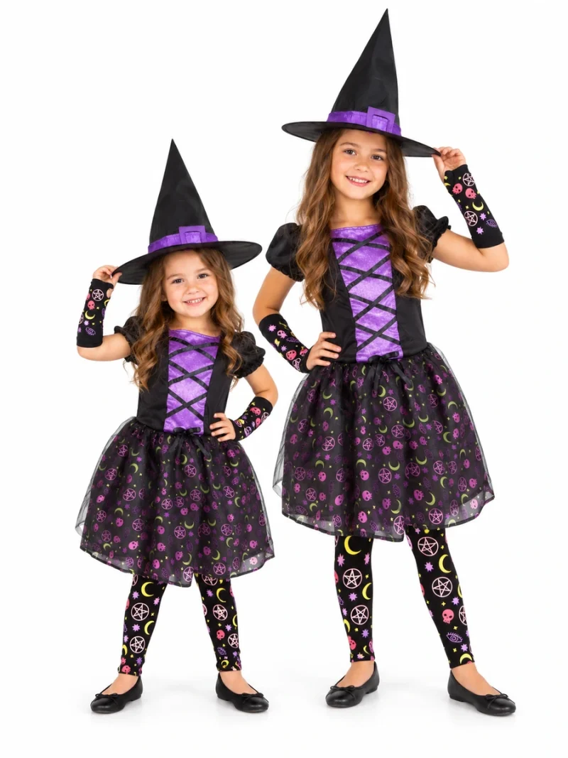 Costume da strega Moonlight viola per bambina con cappello, abito nero e viola, guanti e collant; due modelle di taglie diverse viste frontalmente.