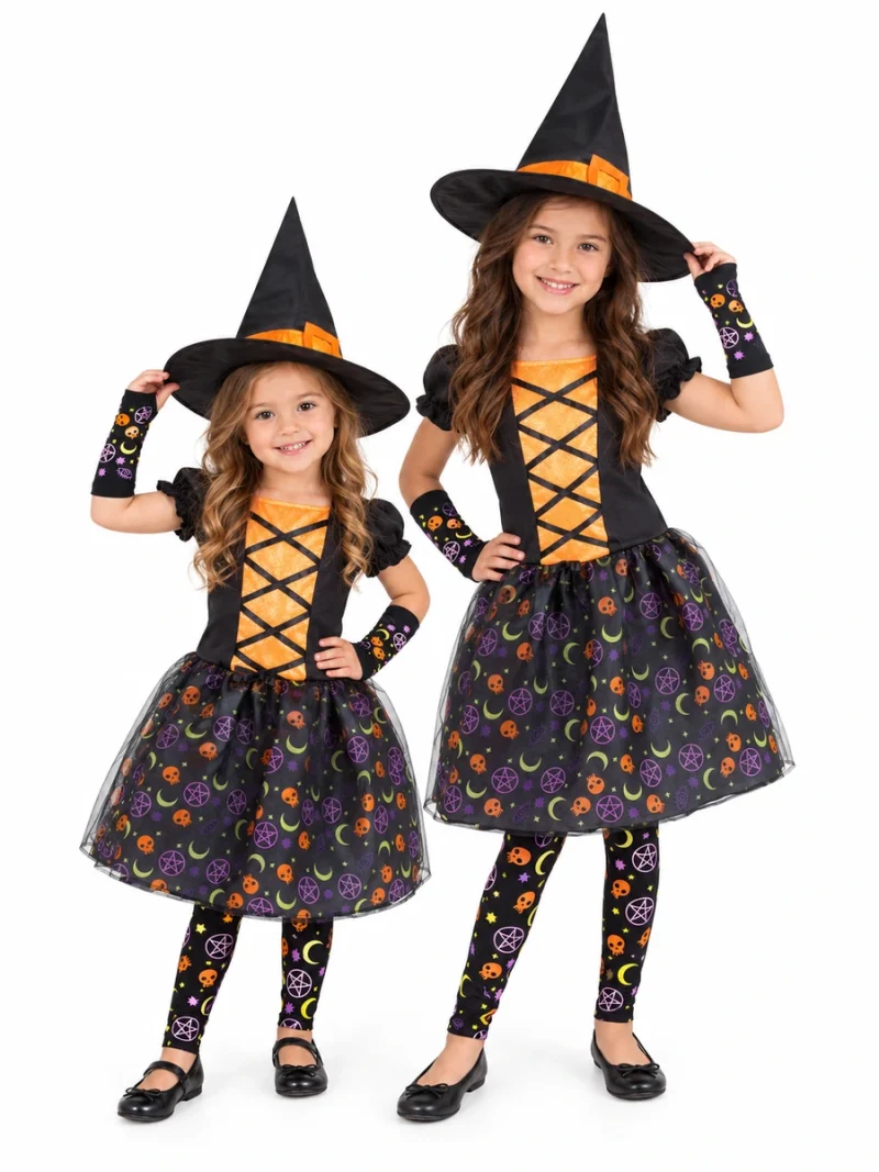 Costume da strega Moonlight arancione per bambina con cappello, abito nero e arancione, guanti e collant; due modelle di taglie diverse viste frontalmente.