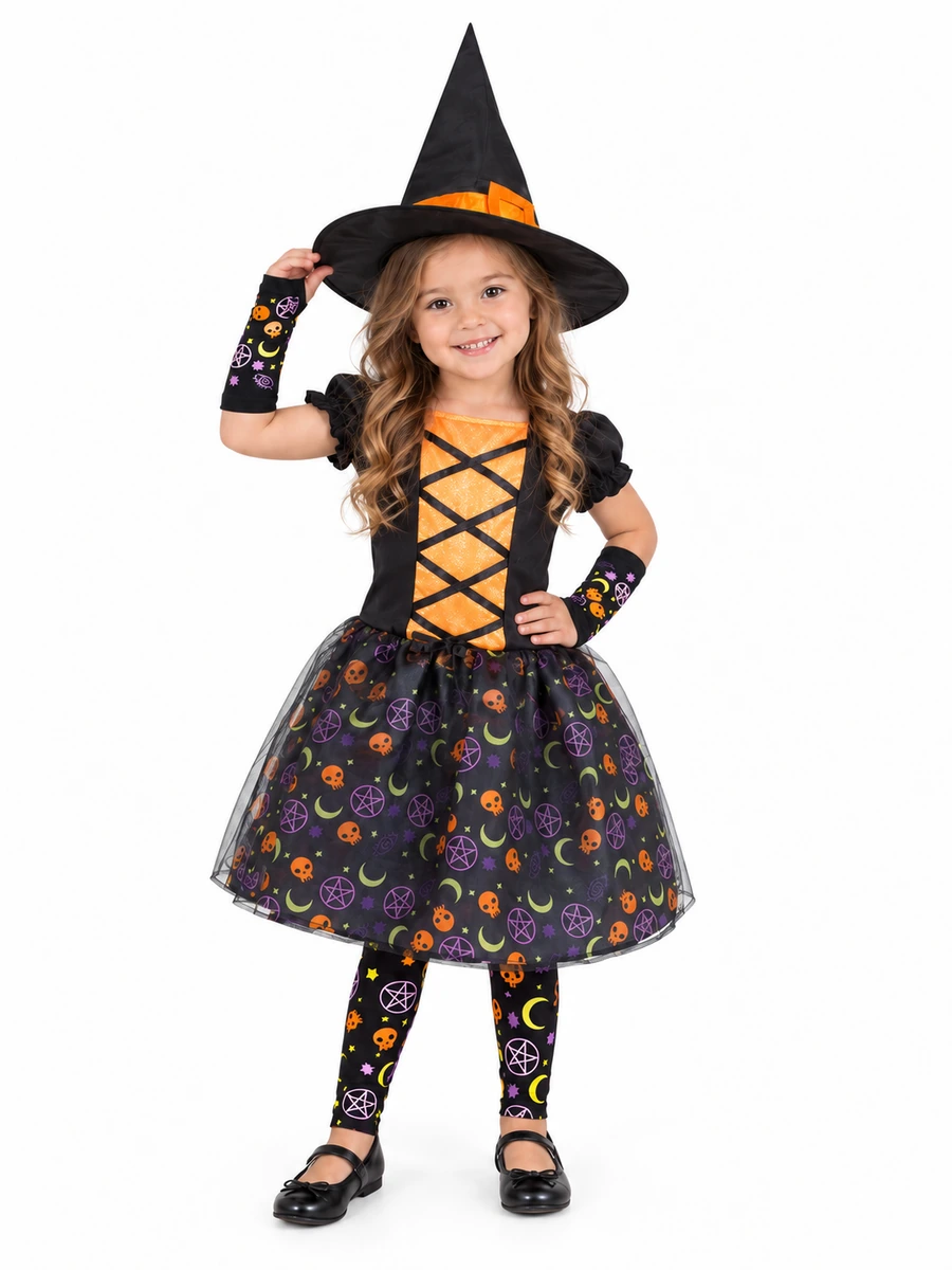 Costume da strega Moonlight arancione per bambina con cappello, abito nero e arancione, guanti e collant; modella della taglia Small vista frontalmente.