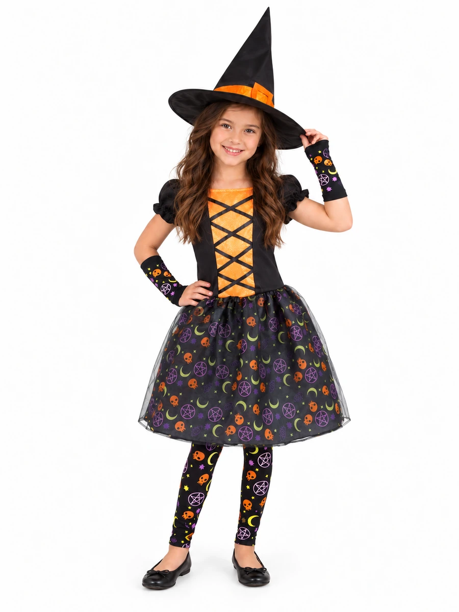 Costume da strega Moonlight arancione per bambina con cappello, abito nero e arancione, guanti e collant; modella della taglia Large vista frontalmente.