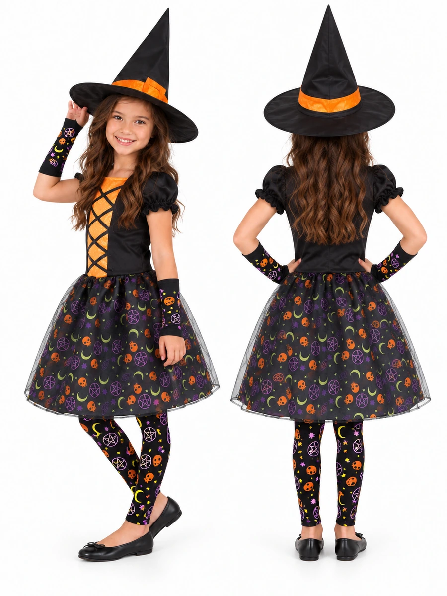 Costume da strega Moonlight arancione per bambina con cappello, abito nero e arancione, guanti e collant; modella della taglia Large vista di lato e da dietro.