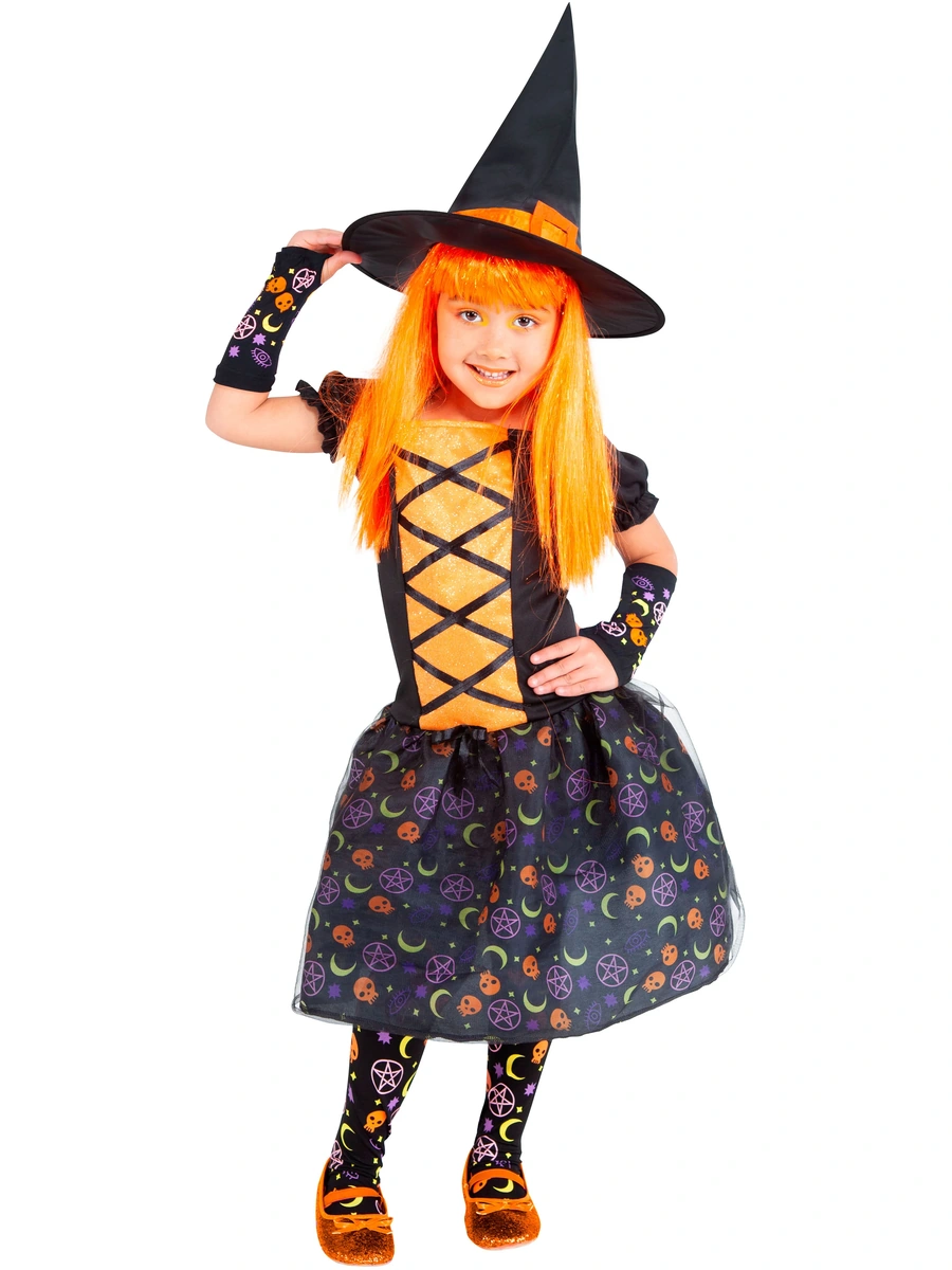 Costume da strega Moonlight arancione per bambina con cappello, abito nero e arancione, guanti e collant; fotografia originale del produttore.
