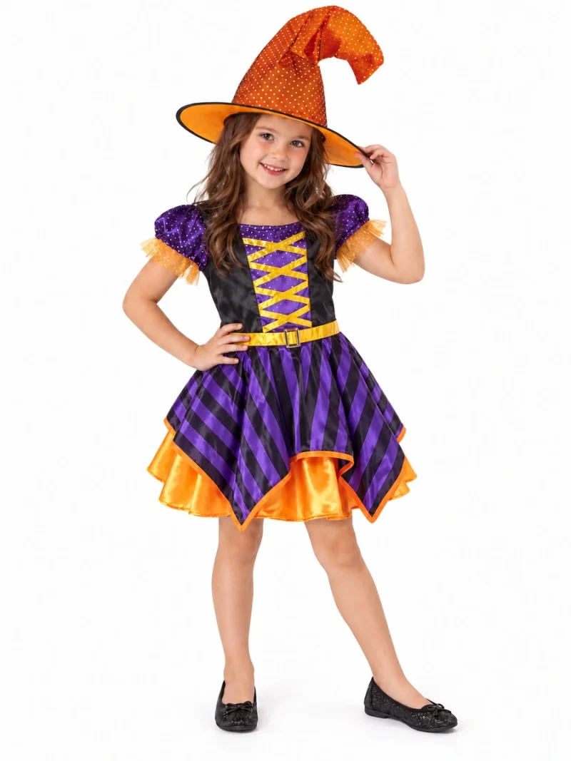 Bambina con costume da strega arancione e viola, in posa frontale con abito e cappello.