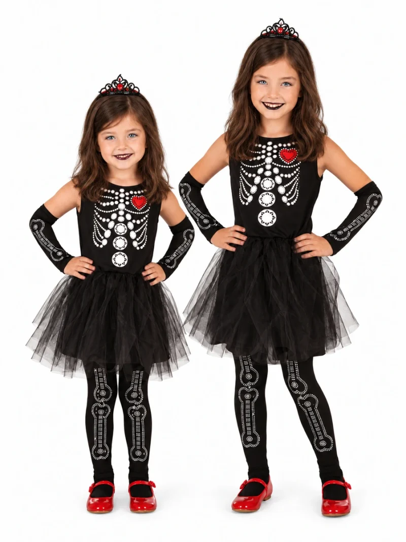 Due bambine di età diversa indossano il costume nero da scheletro con diadema e gonna in tulle.