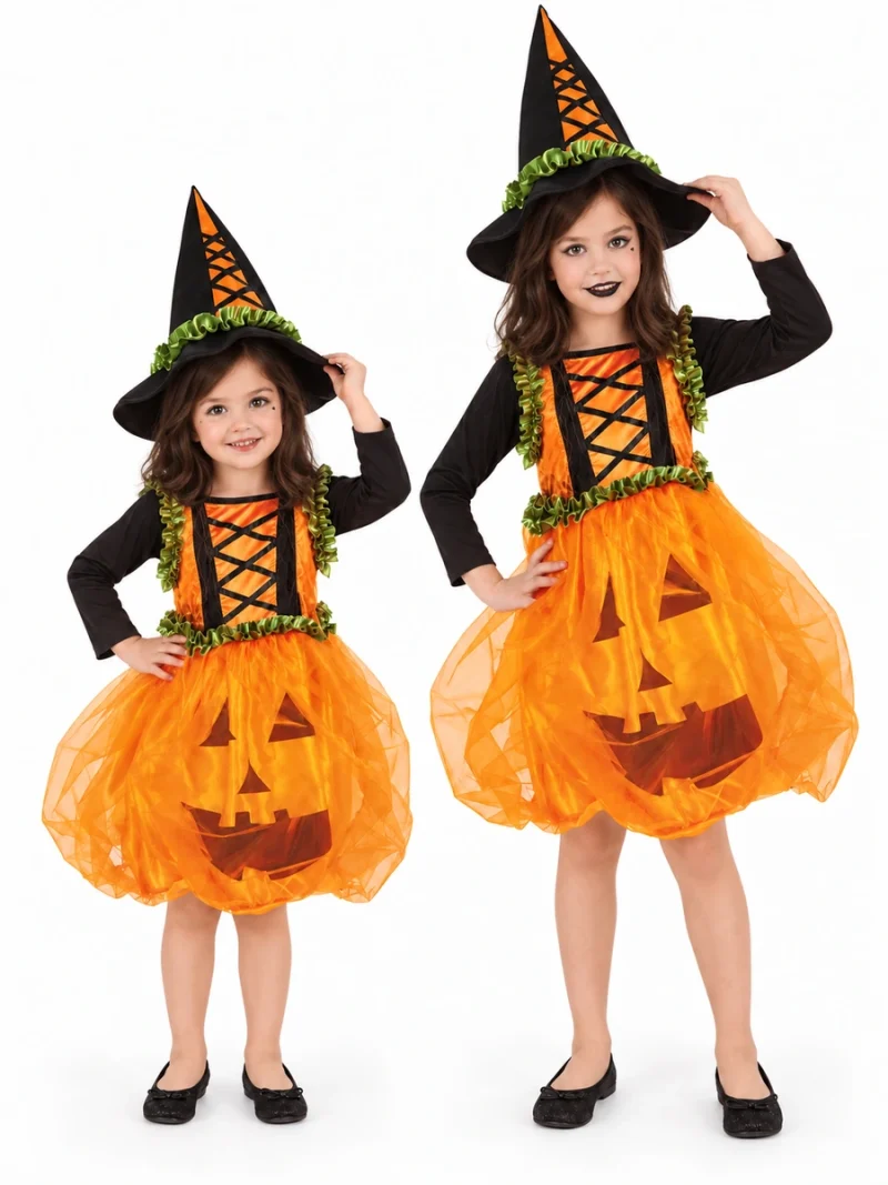 Due bambine di età diversa indossano il costume arancione da zucca con cappello da strega.