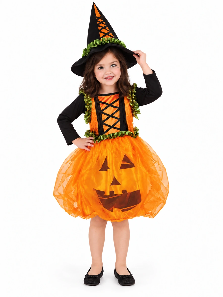Bambina nella taglia S con costume da zucca, gonna arancione e cappello a punta.