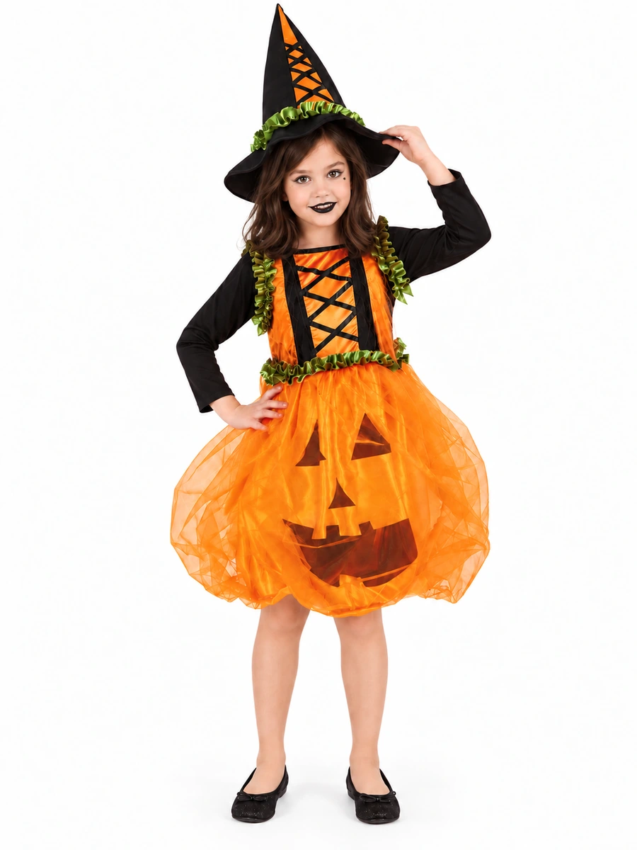 Bambina nella taglia L con costume da zucca, gonna arancione e cappello a punta.