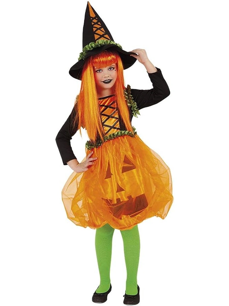 Foto originale del costume da zucca per bambina, con abito arancione e cappello da strega.