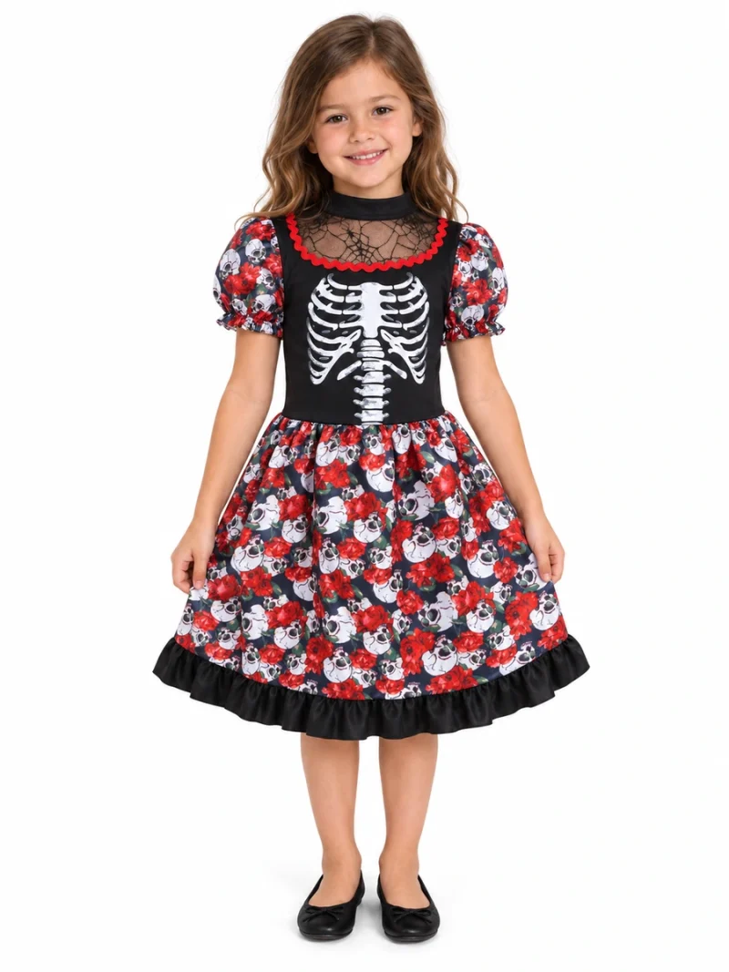 Bambina con il costume Katrina Bonita, abito nero con scheletro e gonna fantasia, vista frontale