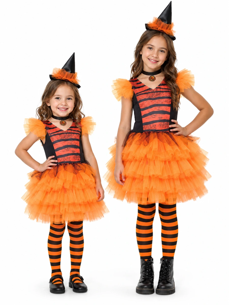 Due bambine di età diverse con il costume da strega arancione e nero