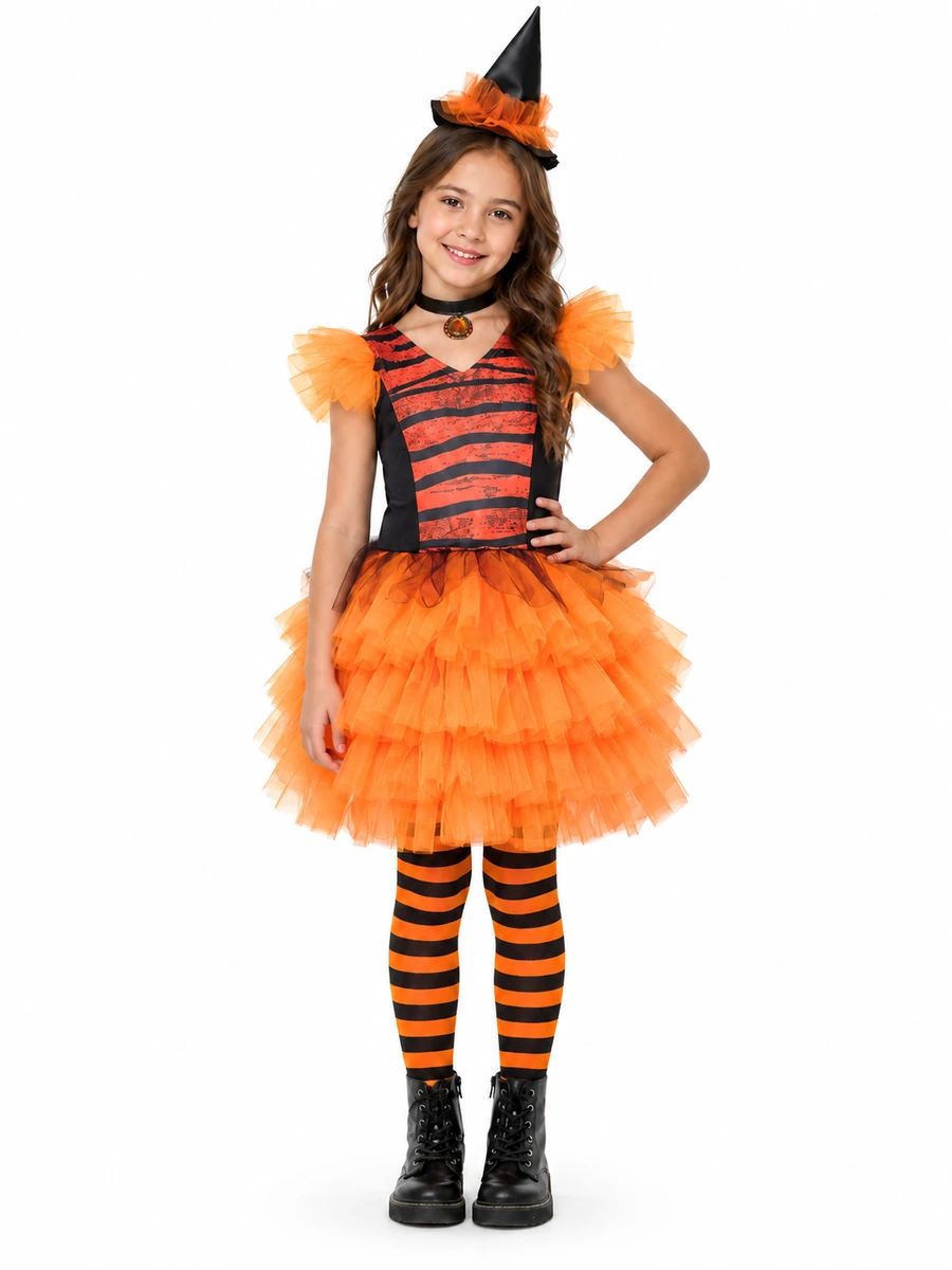 Bambina più grande con costume da strega glamour arancione
