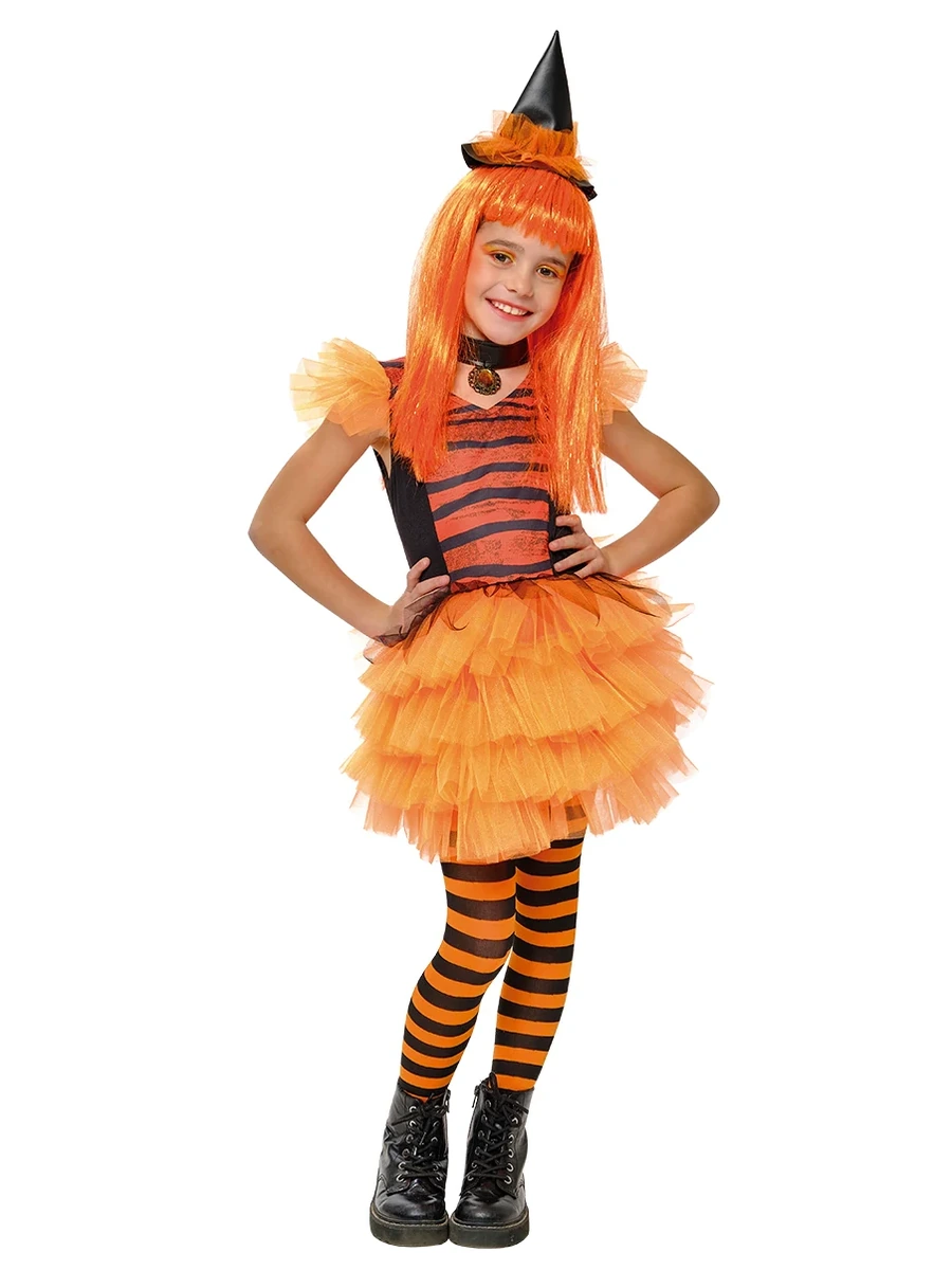 Foto originale del costume da strega glamour arancione con cappello e calze